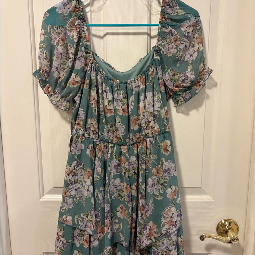 Inspired Hearts Floral Mini Dress - Teal and Purple